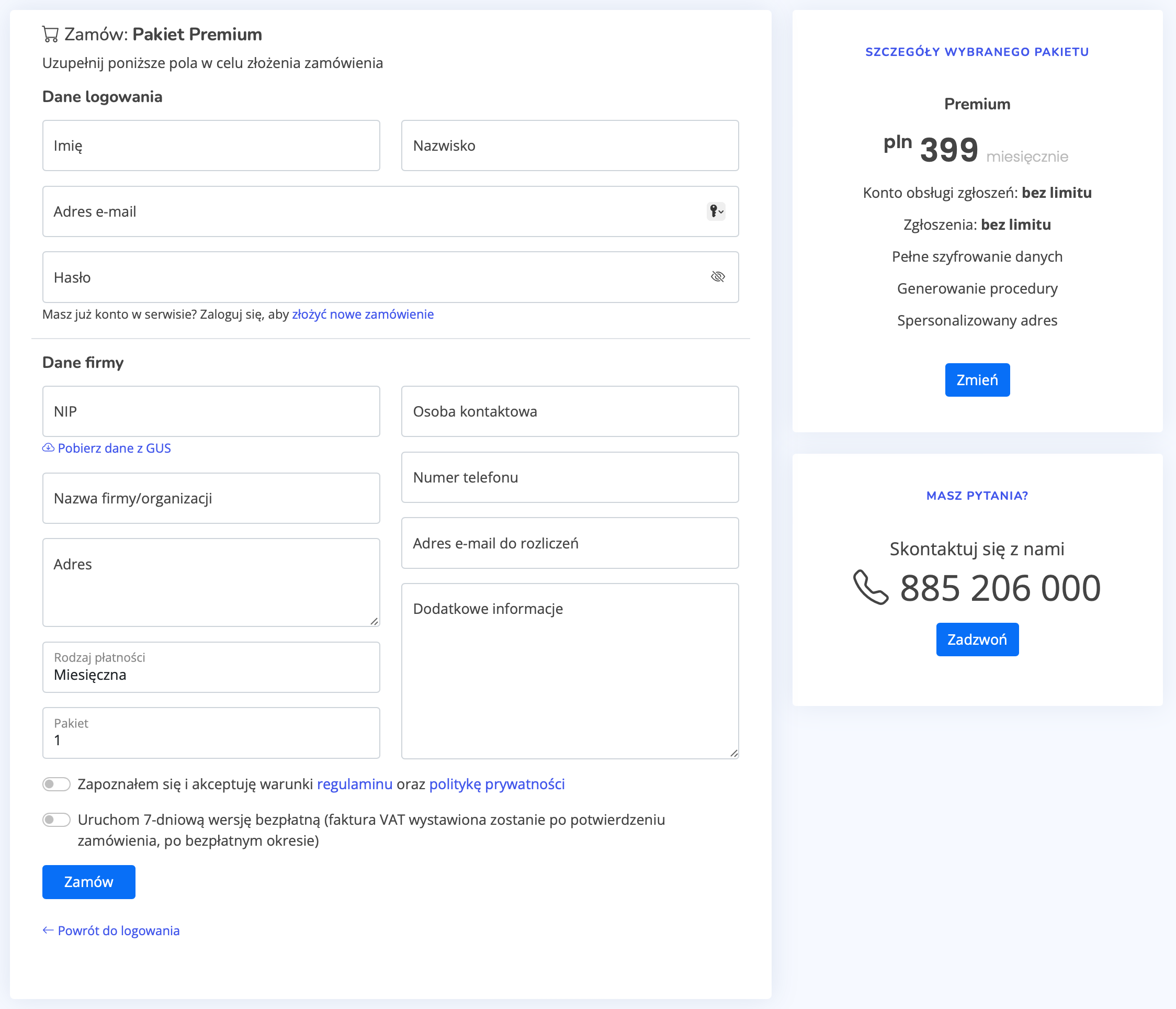 Formularz rejestracyjny serwisu Sygnalista Online