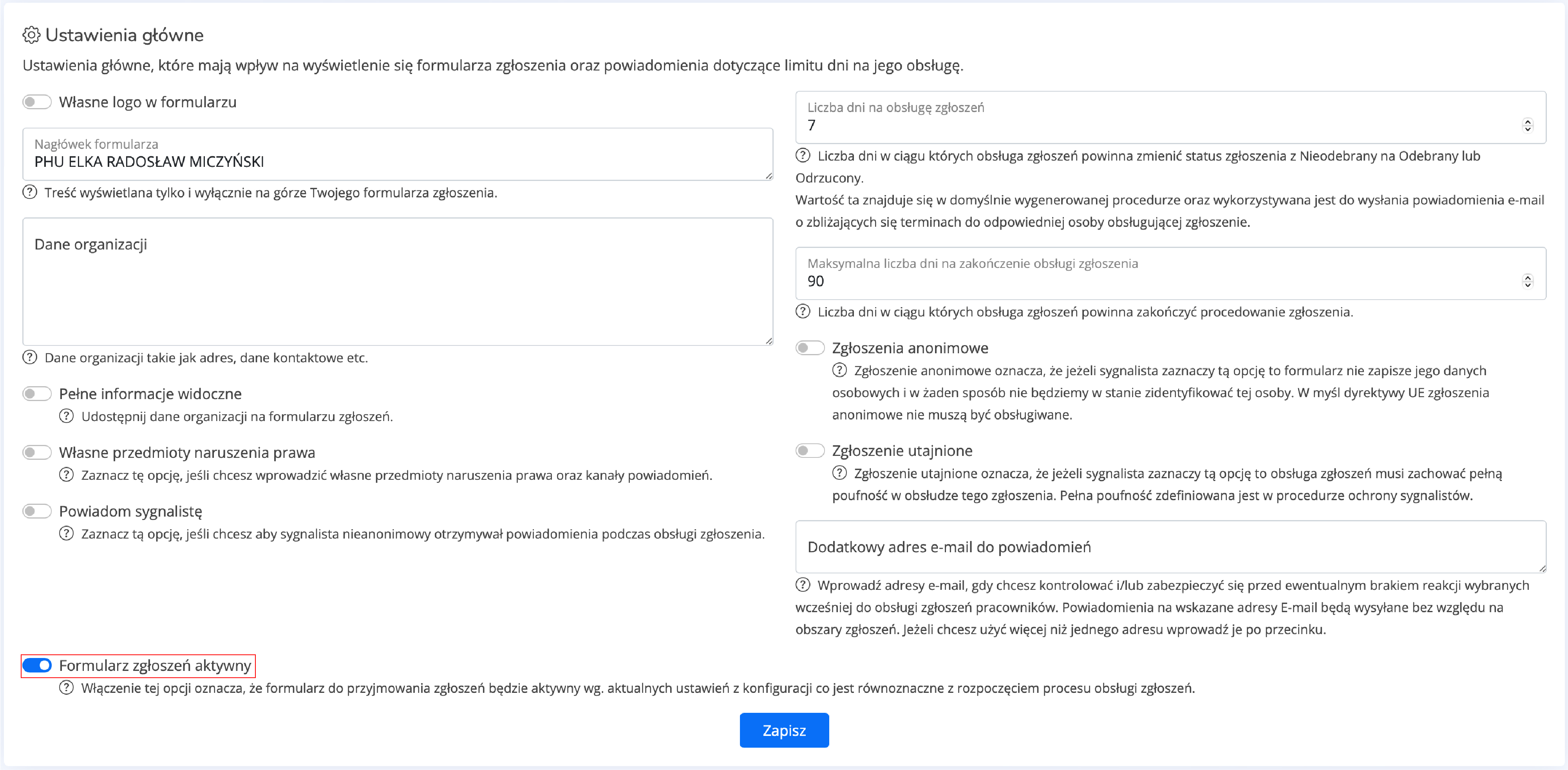 Ustawienia główne - aktywacja formularza zgłoszeń