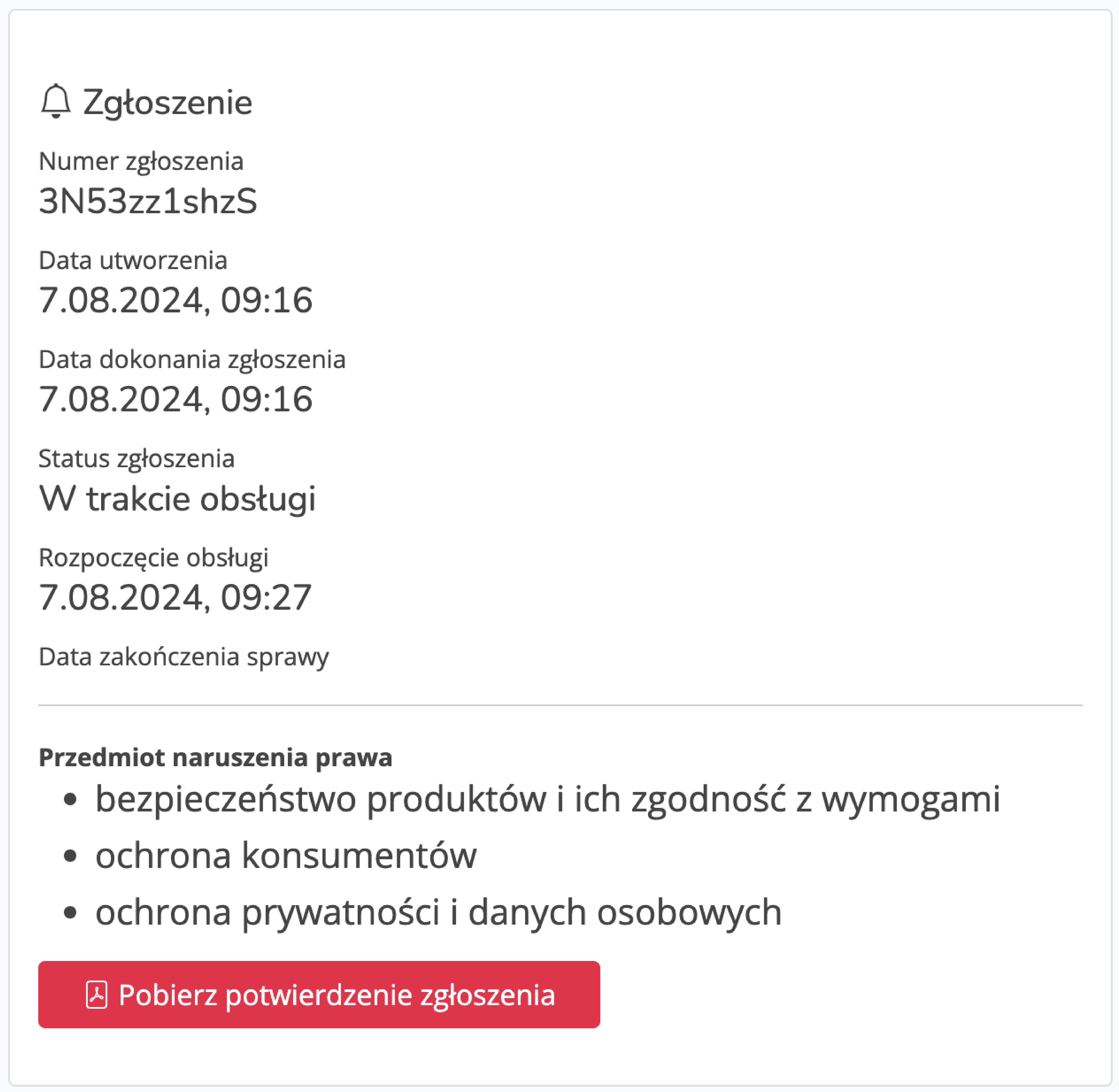 Widok sekcji Zgłoszenie